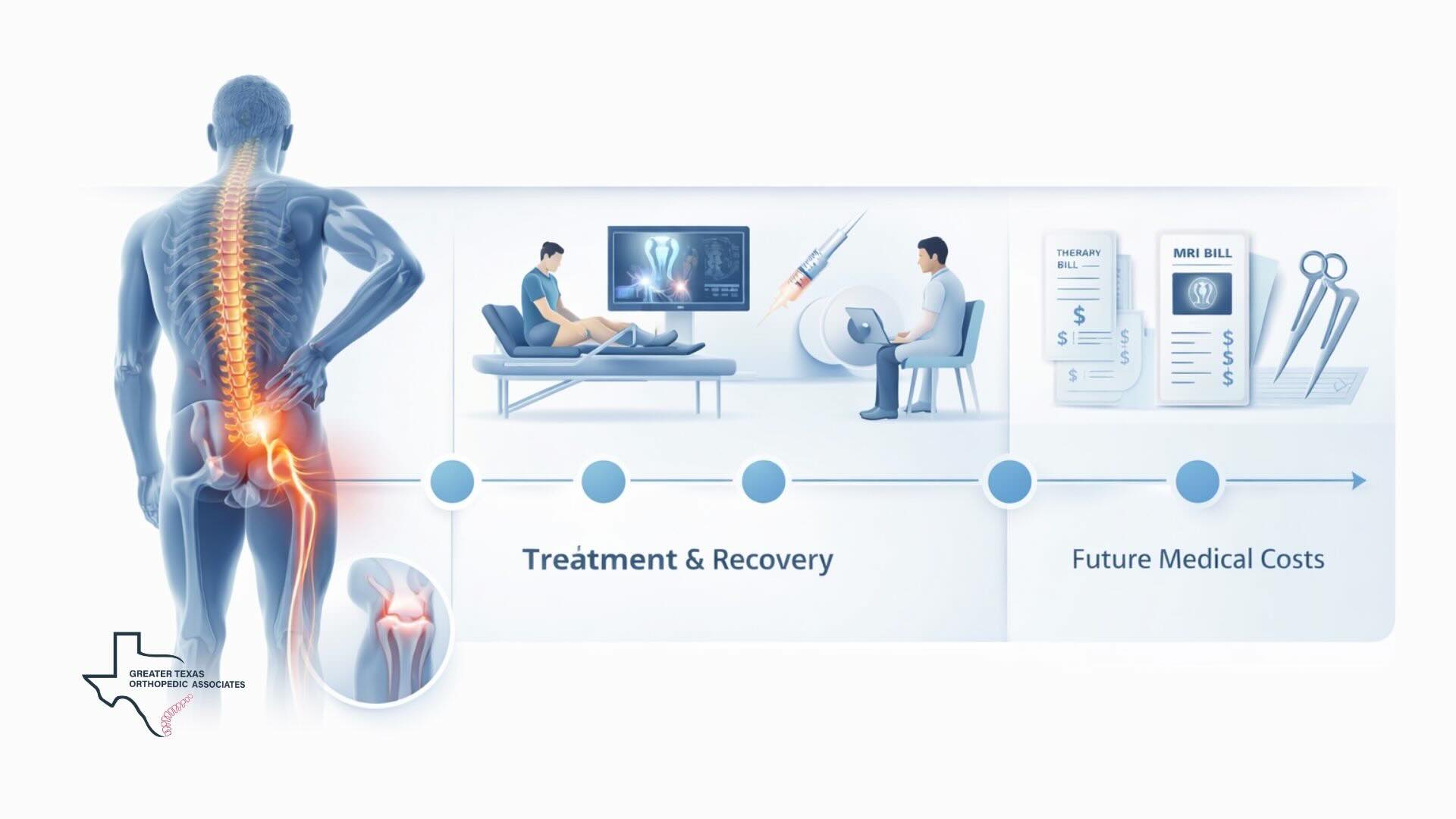 Orthopedic injury treatment and recovery timeline showing future medical costs in personal injury claims including therapy and medical bills