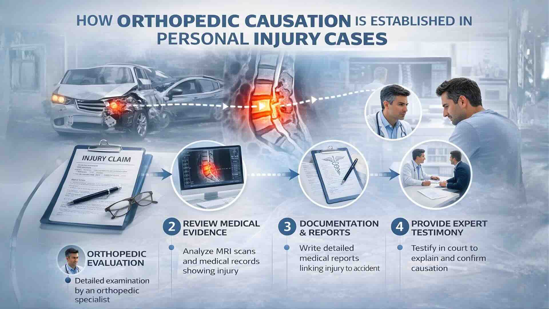 Medical causation in personal injury cases process showing orthopedic evaluation, medical evidence, documentation, and expert testimony