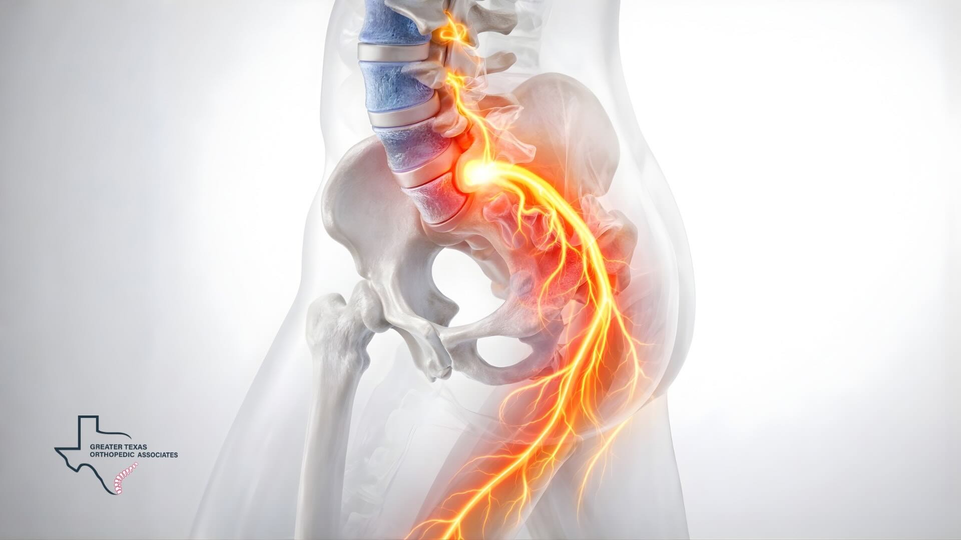 Sciatic nerve compression in lumbar spine showing pain radiating from lower back to leg