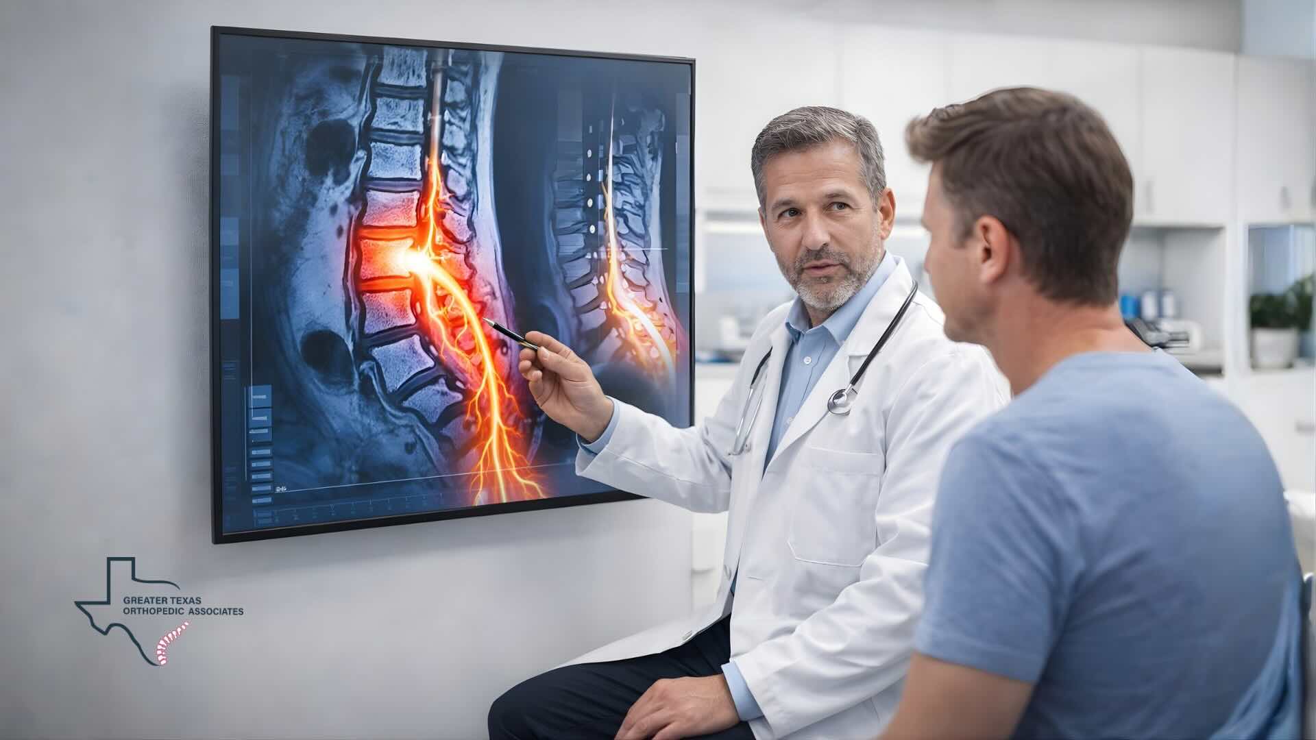 Doctor explaining sciatic nerve compression on lumbar spine MRI to patient