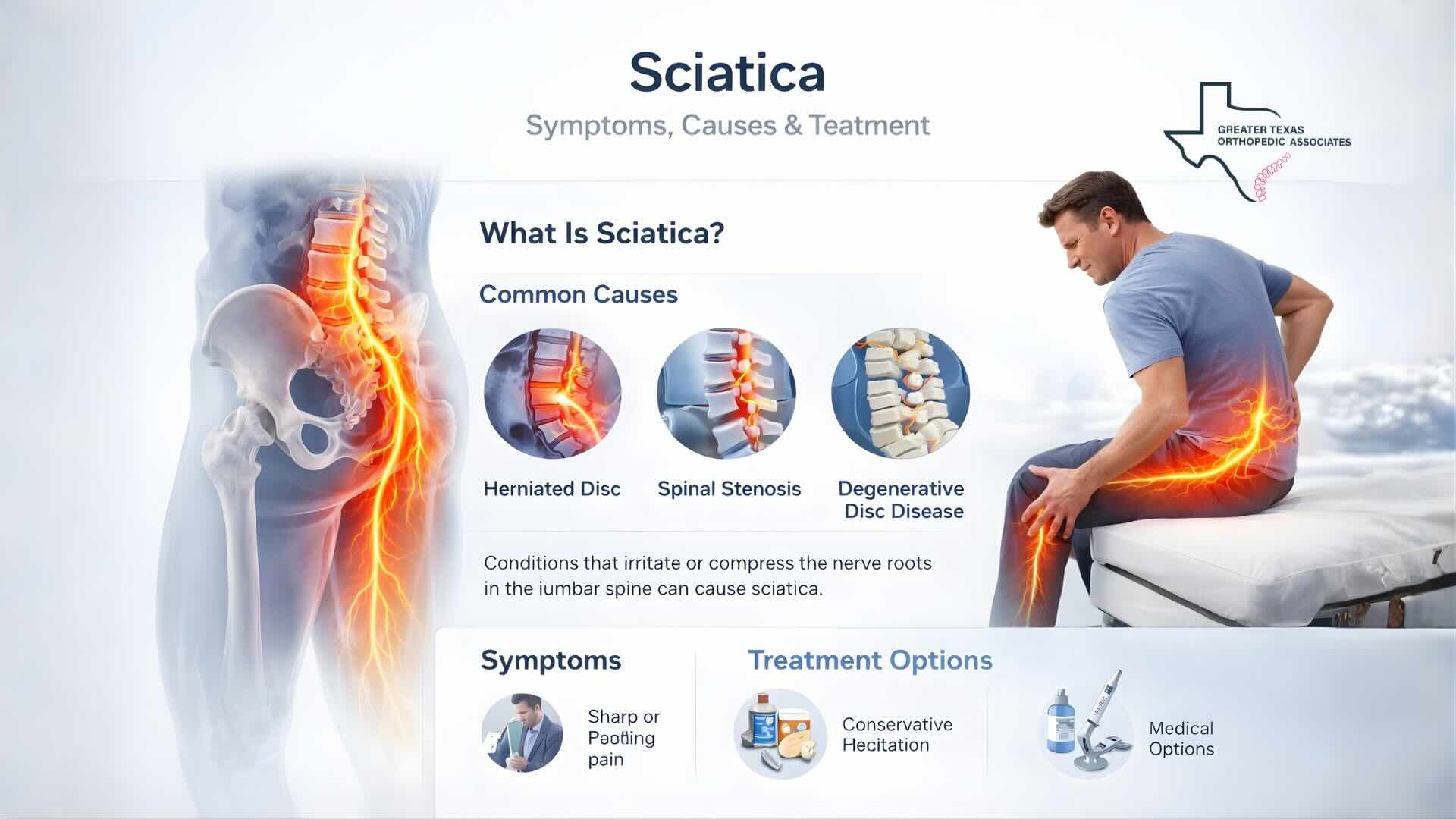 Sciatica infographic showing nerve pain from lower back to leg with causes symptoms and treatment options