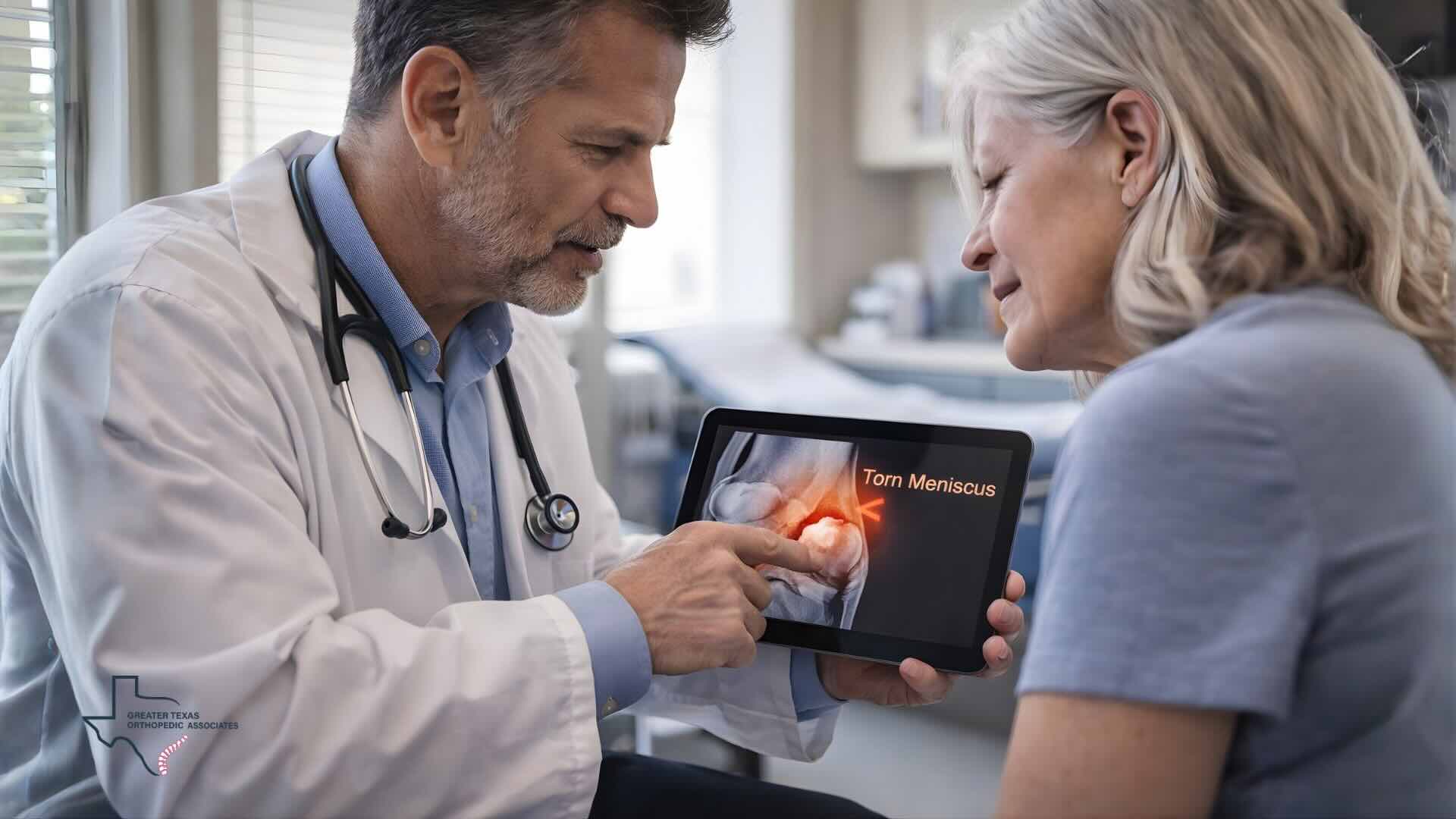 orthopedic doctor explaining meniscus tear diagnosis to patient using knee scan