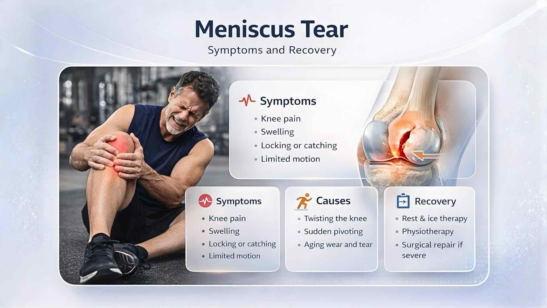 knee meniscus tear diagram showing symptoms causes and recovery