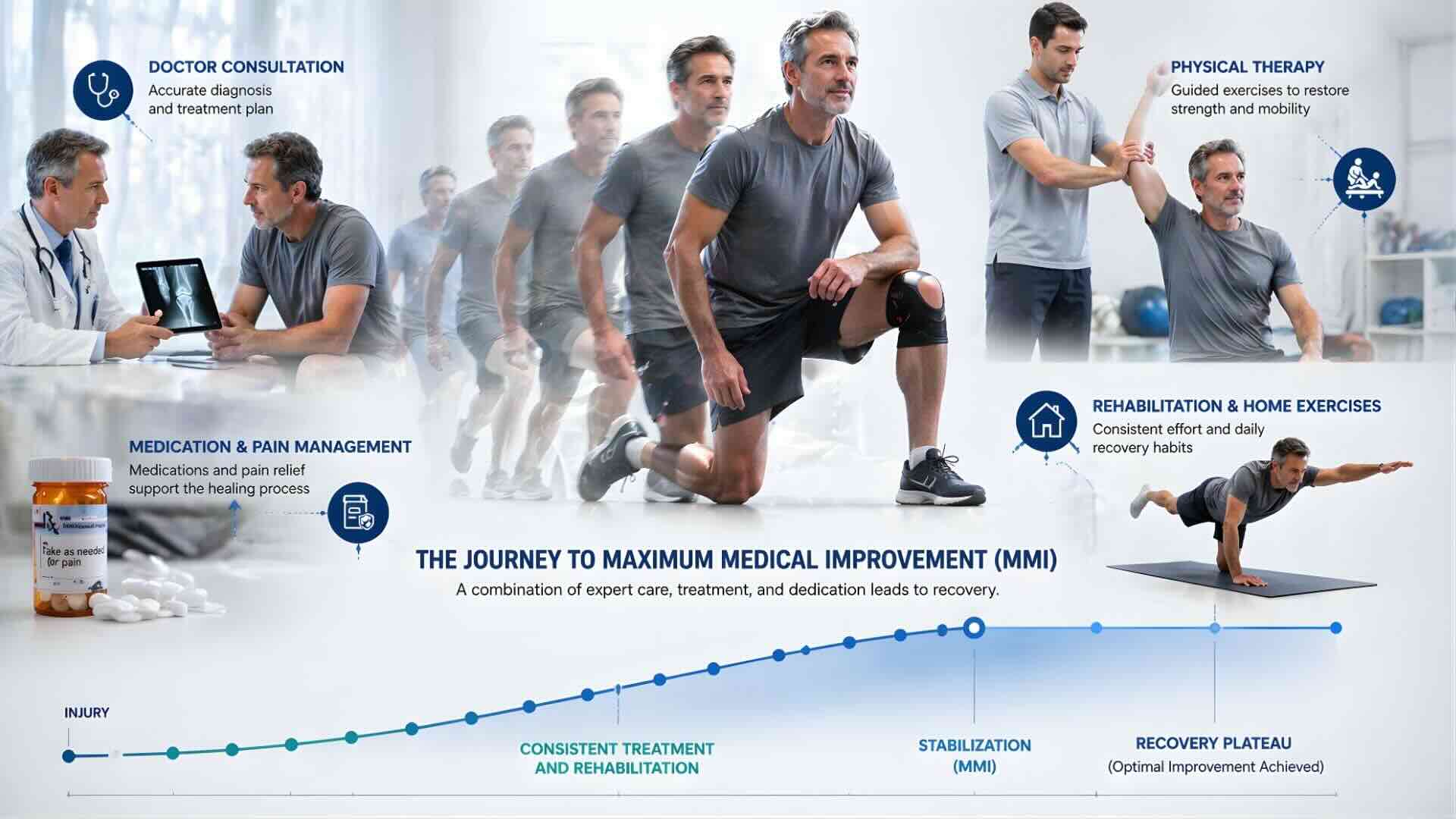 orthopedic injury recovery journey showing treatment physical therapy and progression to maximum medical improvement