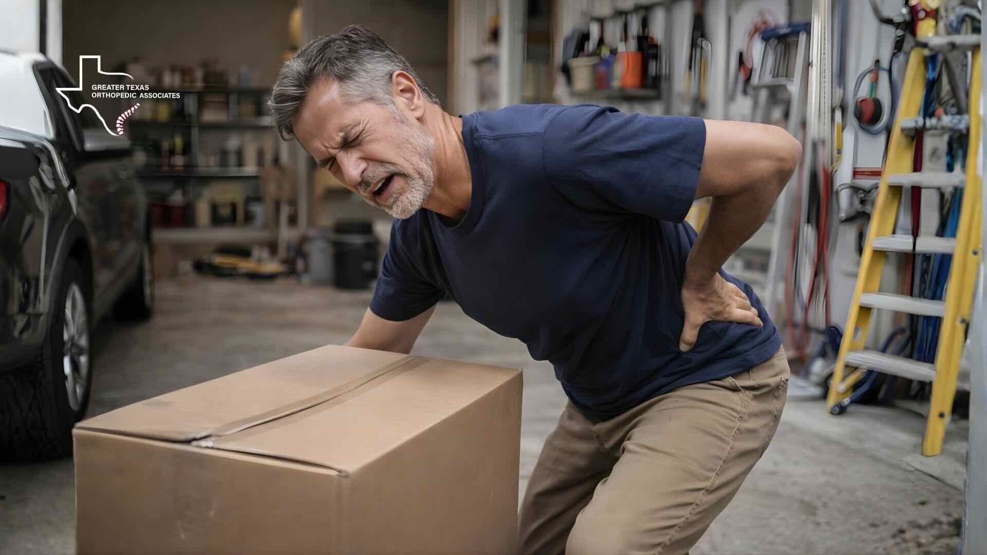 Man experiencing lower back pain while lifting a box, a common symptom of spinal stenosis