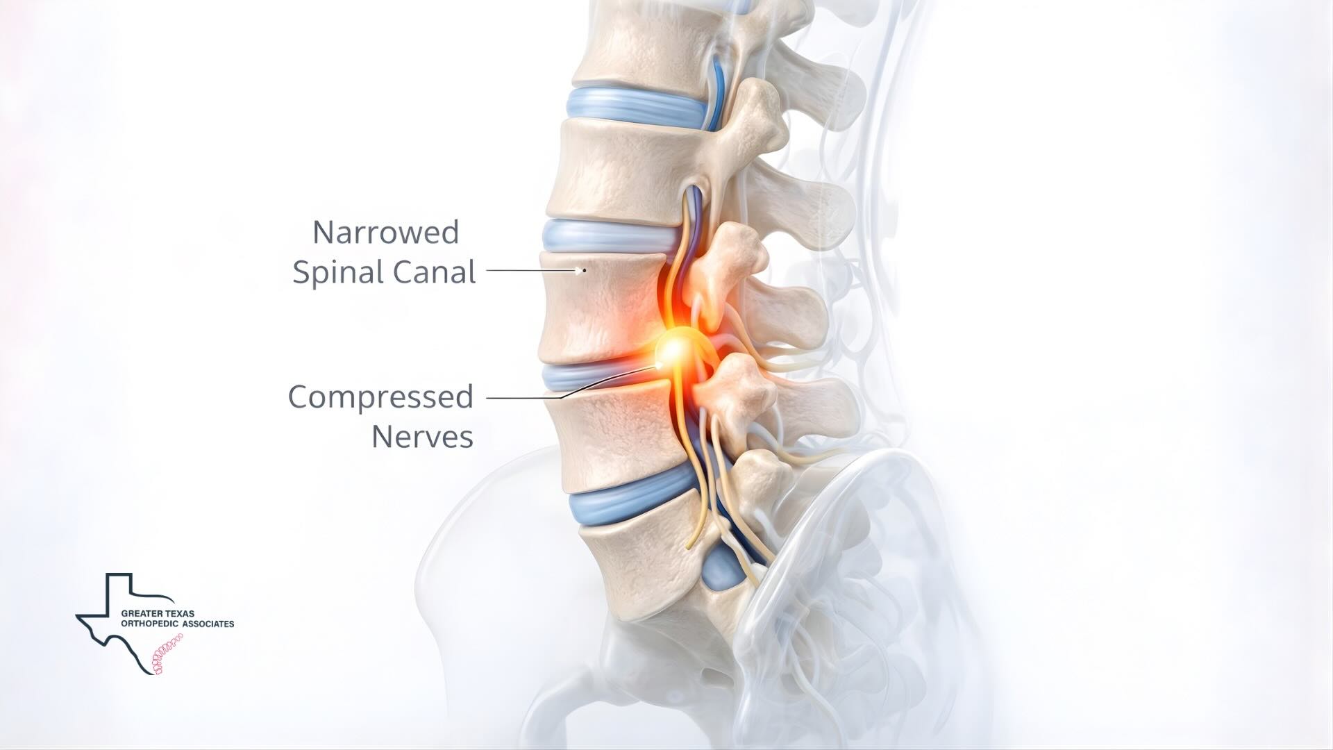 Illustration of spinal stenosis showing a narrowed spinal canal and compressed nerves in the lower back