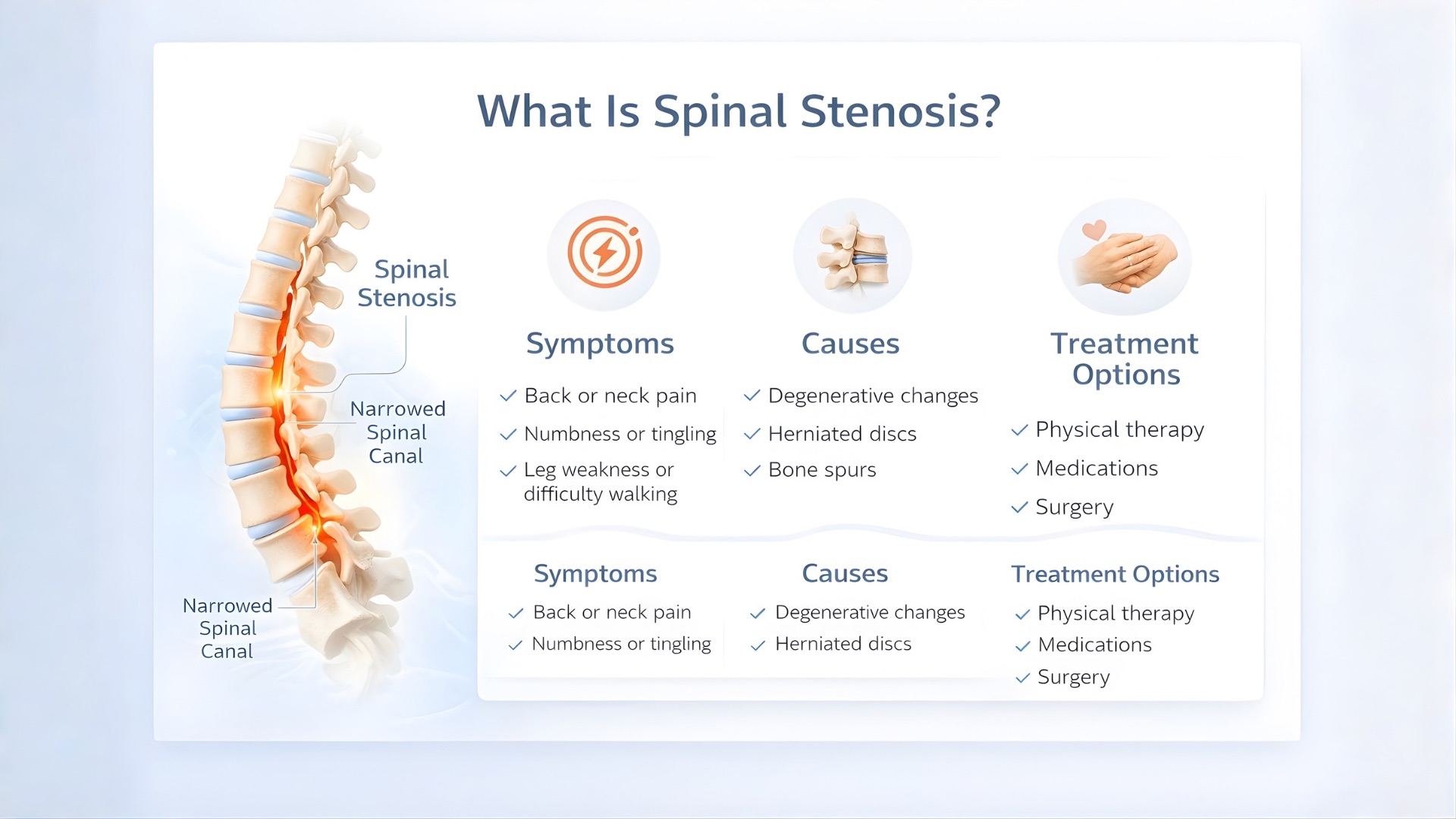 Infographic explaining spinal stenosis symptoms, causes, and treatment options with spinal canal narrowing