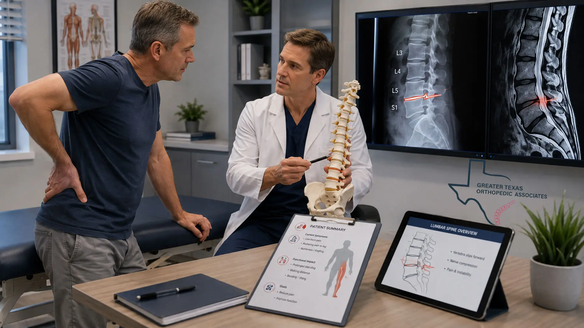 Orthopedic specialist discussing lumbar spondylolisthesis imaging and treatment with a patient